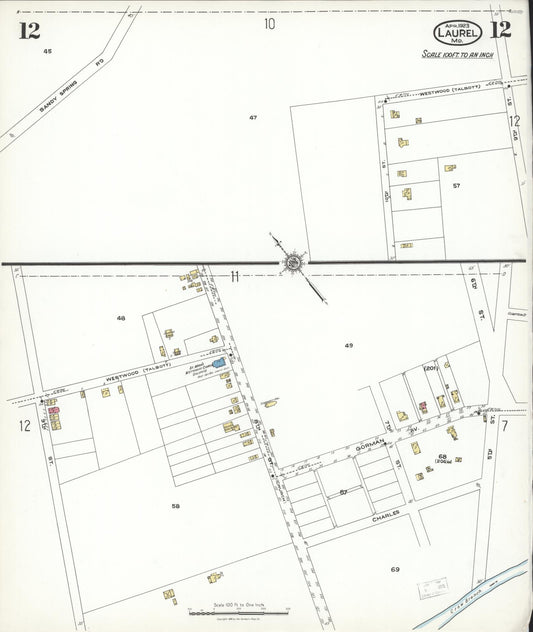 Sanborn Fire Insurance Map from Laurel, Prince Georges County, Maryland (1923), Sheet #0012 - Historic Sanborn Fire Insurance Map Print, vintage old map wall art