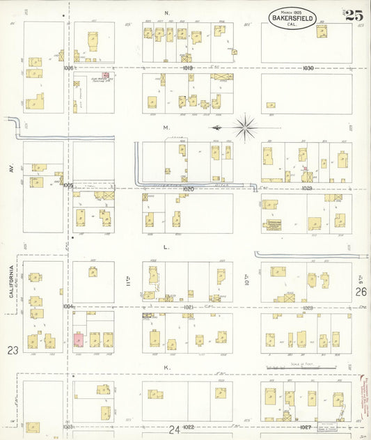 Sanborn Fire Insurance Map from Bakersfield, Kern County, California (1905), Sheet #0025 - Historic Sanborn Fire Insurance Map Print, vintage old map wall art, antique decor, genealogy gift, California California map