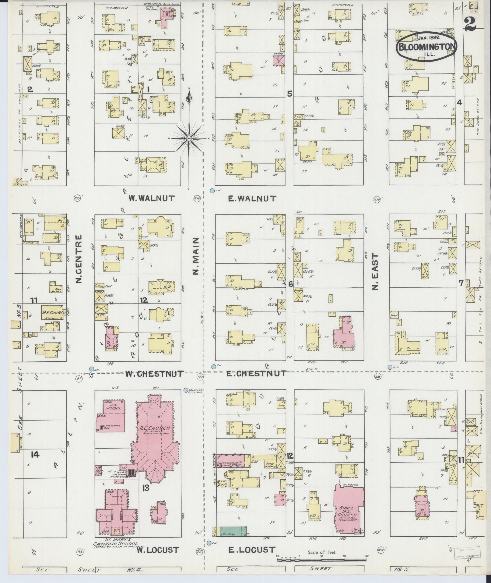 Sanborn Fire Insurance Map from Bloomington, McLean County, Illinois (1892), Sheet #0002 - Complete Map Set gallery image, historic Sanborn map, vintage wall art, Illinois Illinois
