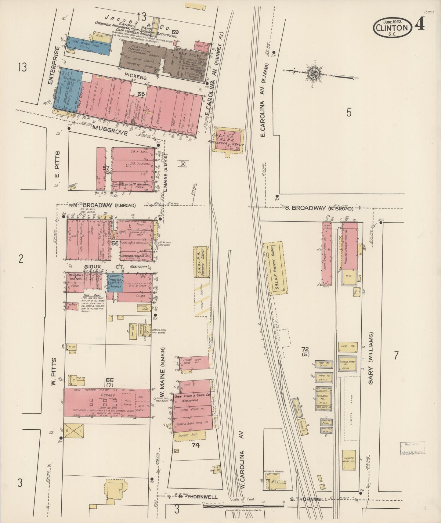 Sanborn Fire Insurance Map from Clinton, Laurens County, South Carolina (1922), Sheet #0004 - Complete Map Set gallery image, historic Sanborn map, vintage wall art, South Carolina South Carolina