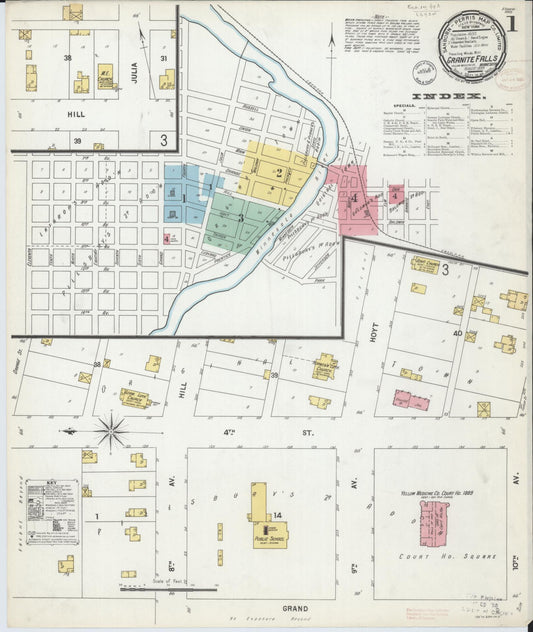Sanborn Fire Insurance Map from Granite Falls, Yellow Medicine And Chippewa Counties, Minnesota (1899), Sheet #0001 - Historic Sanborn Fire Insurance Map Print, vintage old map wall art, antique decor, genealogy gift, Minnesota Minnesota map