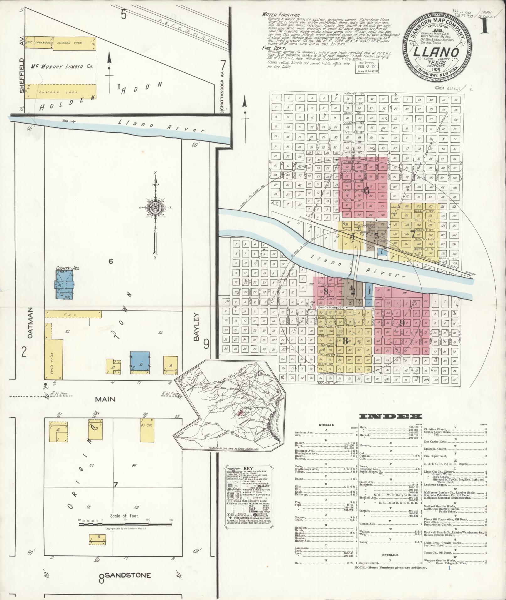 Sanborn Fire Insurance Map from Llano, Llano County, Texas (1921), Sheet #0001 - Historic Sanborn Fire Insurance Map Print, vintage old map wall art, antique decor, genealogy gift, Texas Texas map