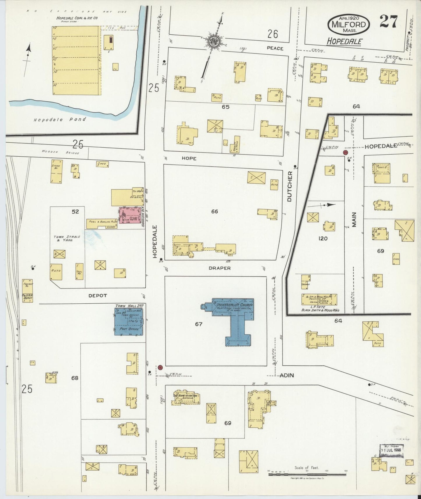 Sanborn Fire Insurance Map from Milford, Worcester County, Massachusetts (1920), Sheet #0027 - Complete Map Set gallery image, historic Sanborn map, vintage wall art, Massachusetts Massachusetts
