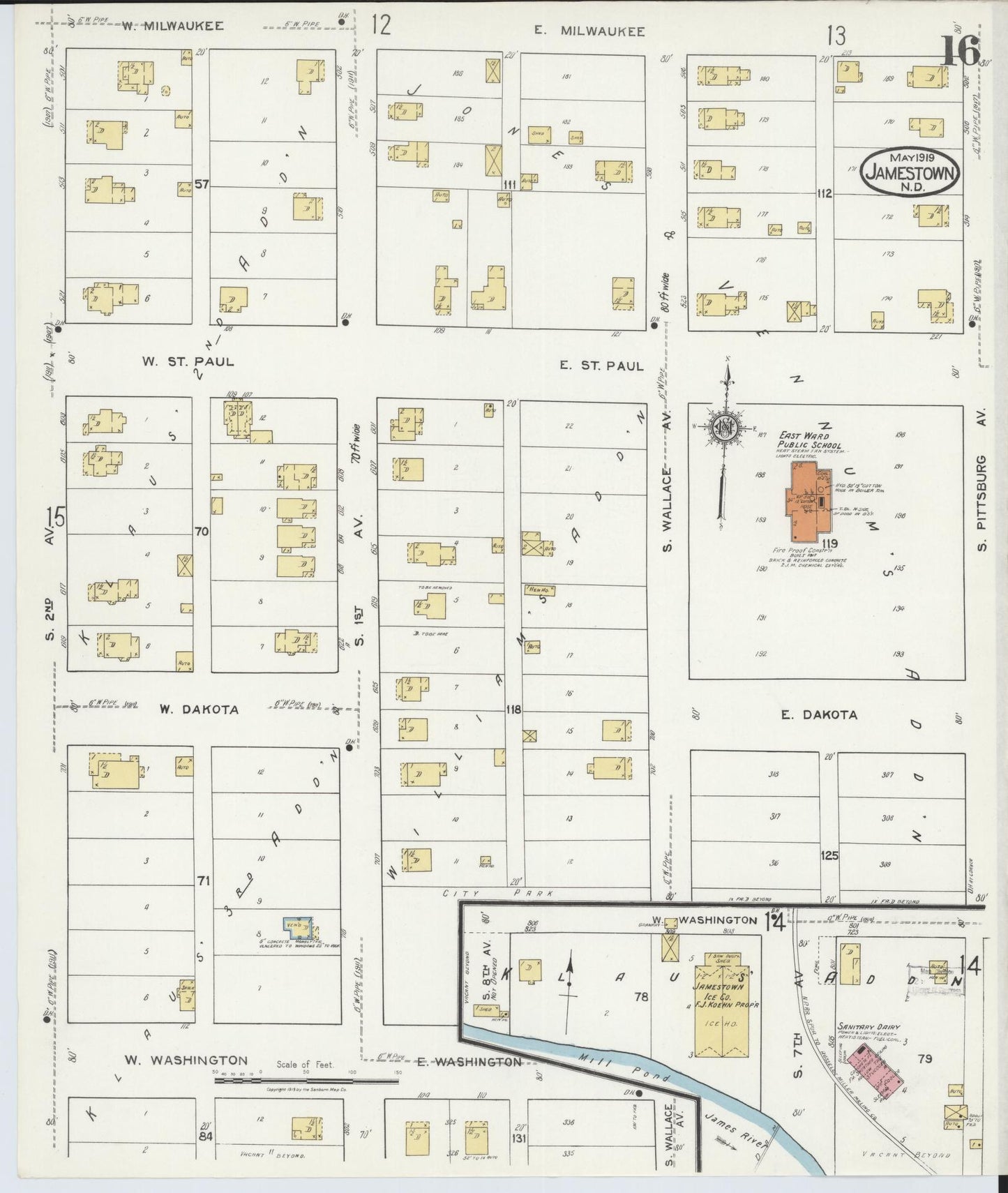 Sanborn Fire Insurance Map from Jamestown, Stutsman County, North Dakota (1919), Sheet #0016 - Historic Sanborn Fire Insurance Map Print, vintage old map wall art, antique decor, genealogy gift, North Dakota North Dakota map