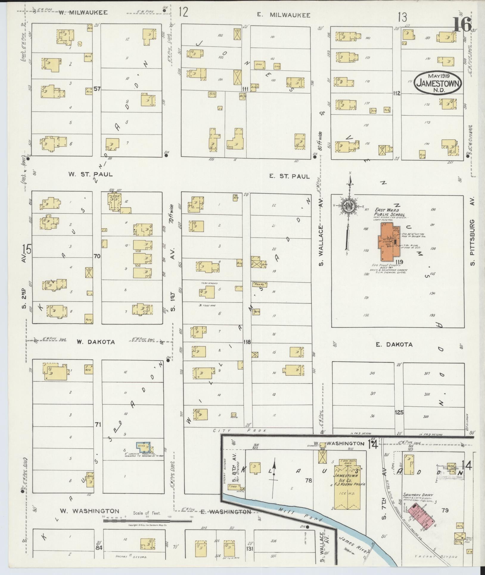 Sanborn Fire Insurance Map from Jamestown, Stutsman County, North Dakota (1919), Sheet #0016 - Historic Sanborn Fire Insurance Map Print, vintage old map wall art, antique decor, genealogy gift, North Dakota North Dakota map