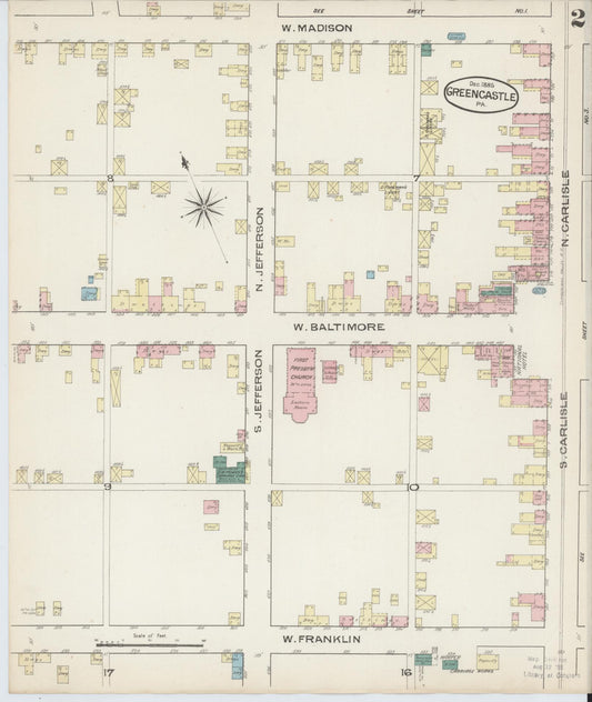 Sanborn Fire Insurance Map from Greencastle, Franklin County, Pennsylvania (1885), Sheet #0002 - Historic Sanborn Fire Insurance Map Print, vintage old map wall art, antique decor, genealogy gift, Pennsylvania Pennsylvania map