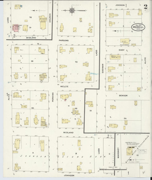 Sanborn Fire Insurance Map from Merrill, Saginaw County, Michigan (1910), Sheet #0002 - Historic Sanborn Fire Insurance Map Print, vintage old map wall art, antique decor, genealogy gift, Michigan Michigan map