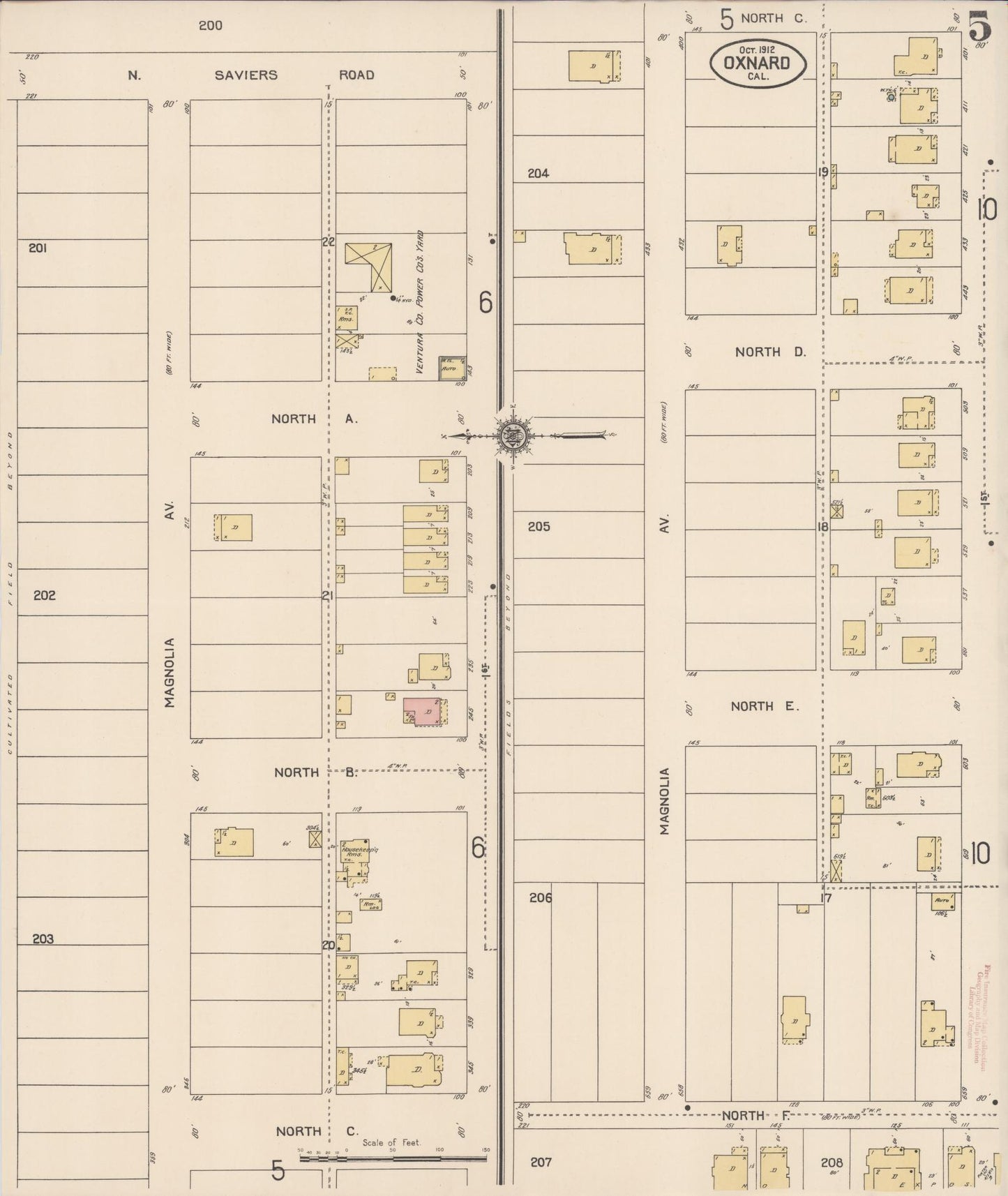 Sanborn Fire Insurance Map from Oxnard, Ventura County, California (1912), Sheet #0005 - Complete Map Set gallery image, historic Sanborn map, vintage wall art, California California