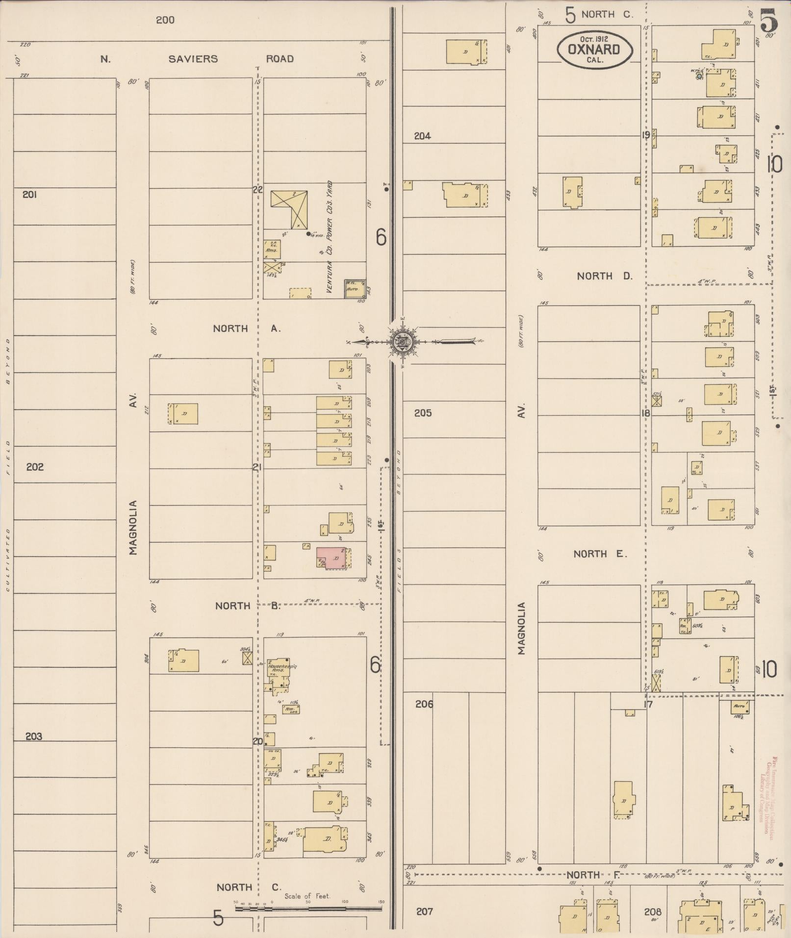 Sanborn Fire Insurance Map from Oxnard, Ventura County, California (1912), Sheet #0005 - Complete Map Set gallery image, historic Sanborn map, vintage wall art, California California