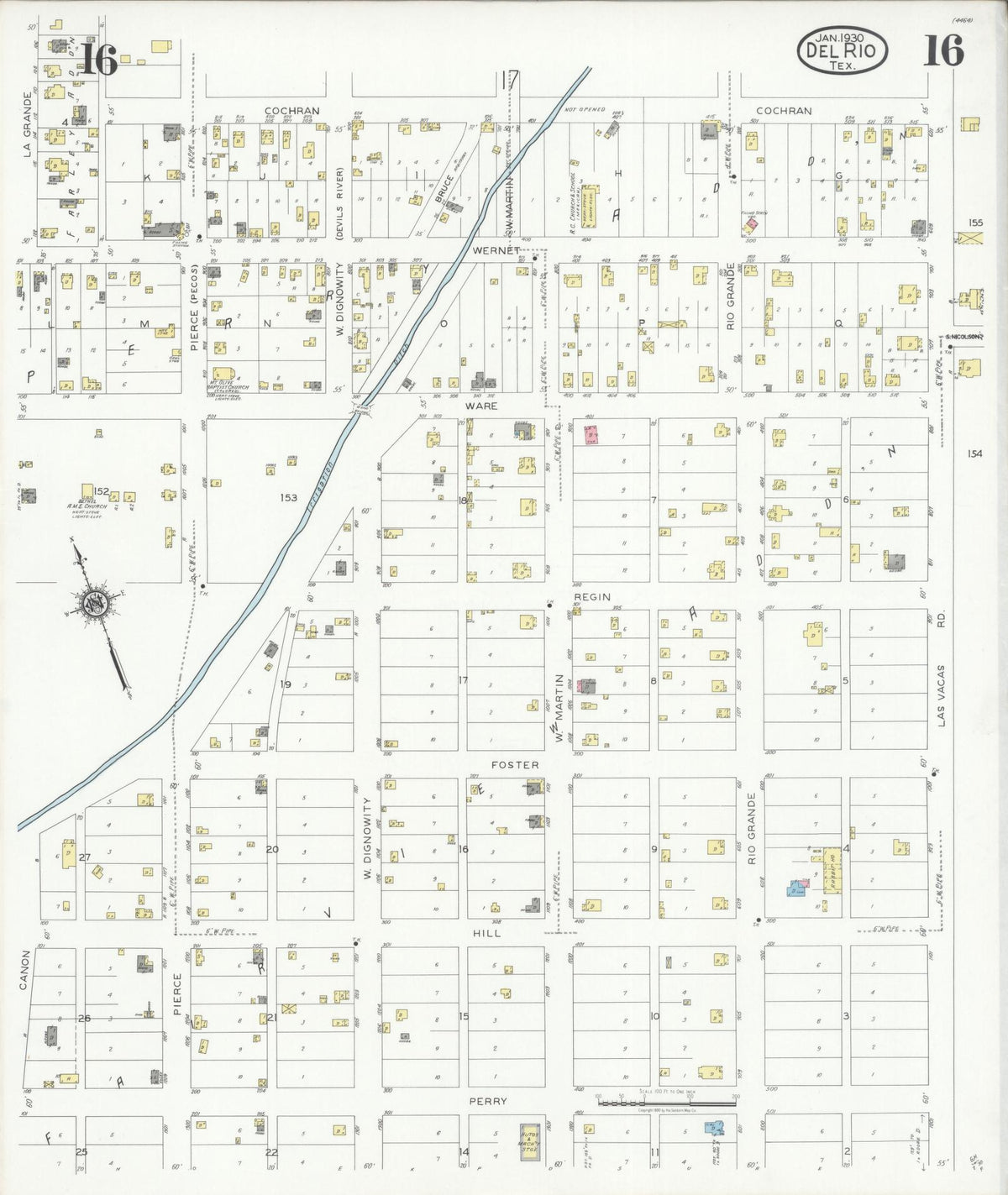 Sanborn Fire Insurance Map from Del Rio, Val Verde County, Texas (1930), Sheet #0016 - Complete Map Set gallery image, historic Sanborn map, vintage wall art, Texas Texas