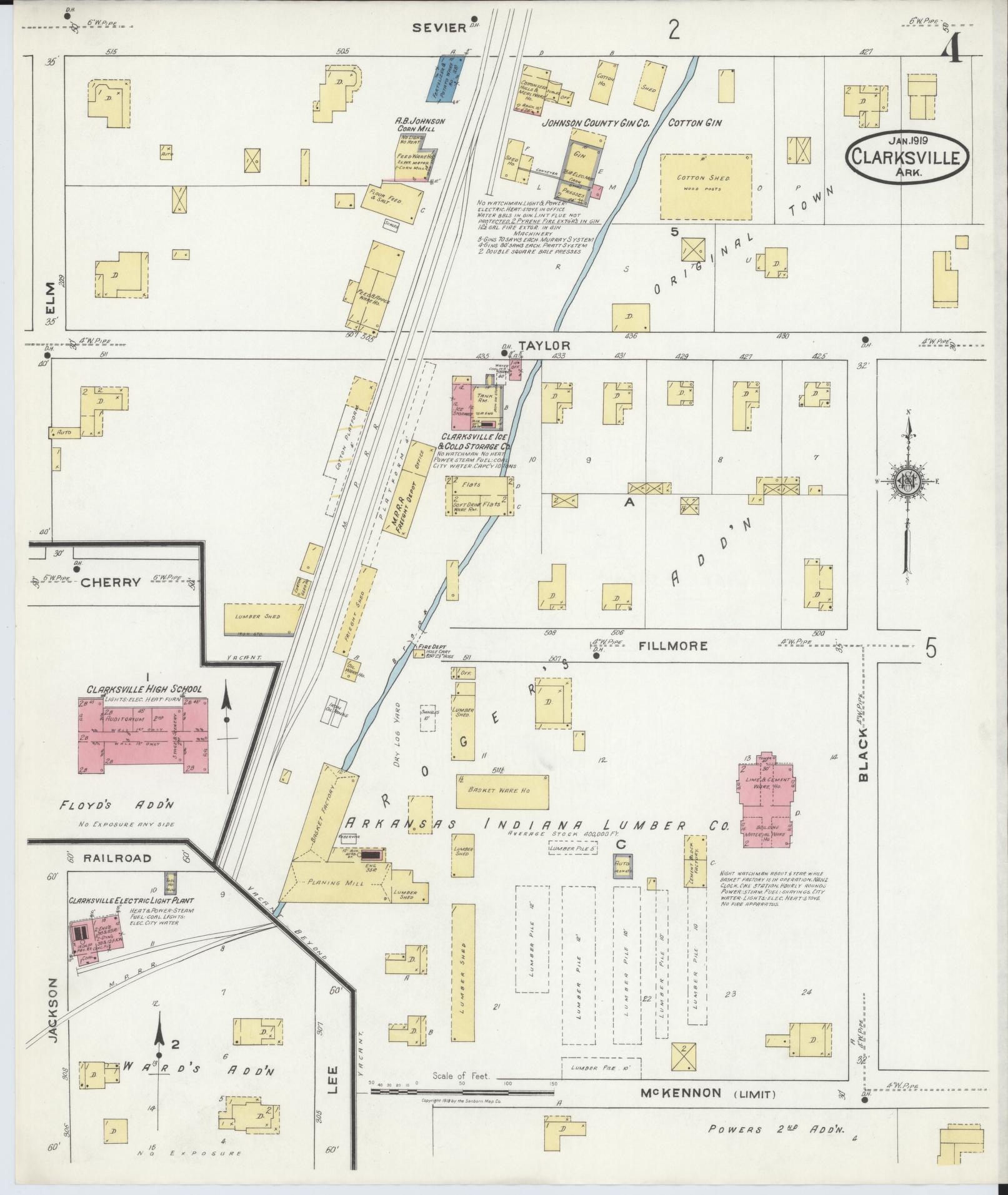 Sanborn Fire Insurance Map from Clarksville, Johnson County, Arkansas (1919), Sheet #0004 - Historic Sanborn Fire Insurance Map Print, vintage old map wall art, antique decor, genealogy gift, Arkansas Arkansas map
