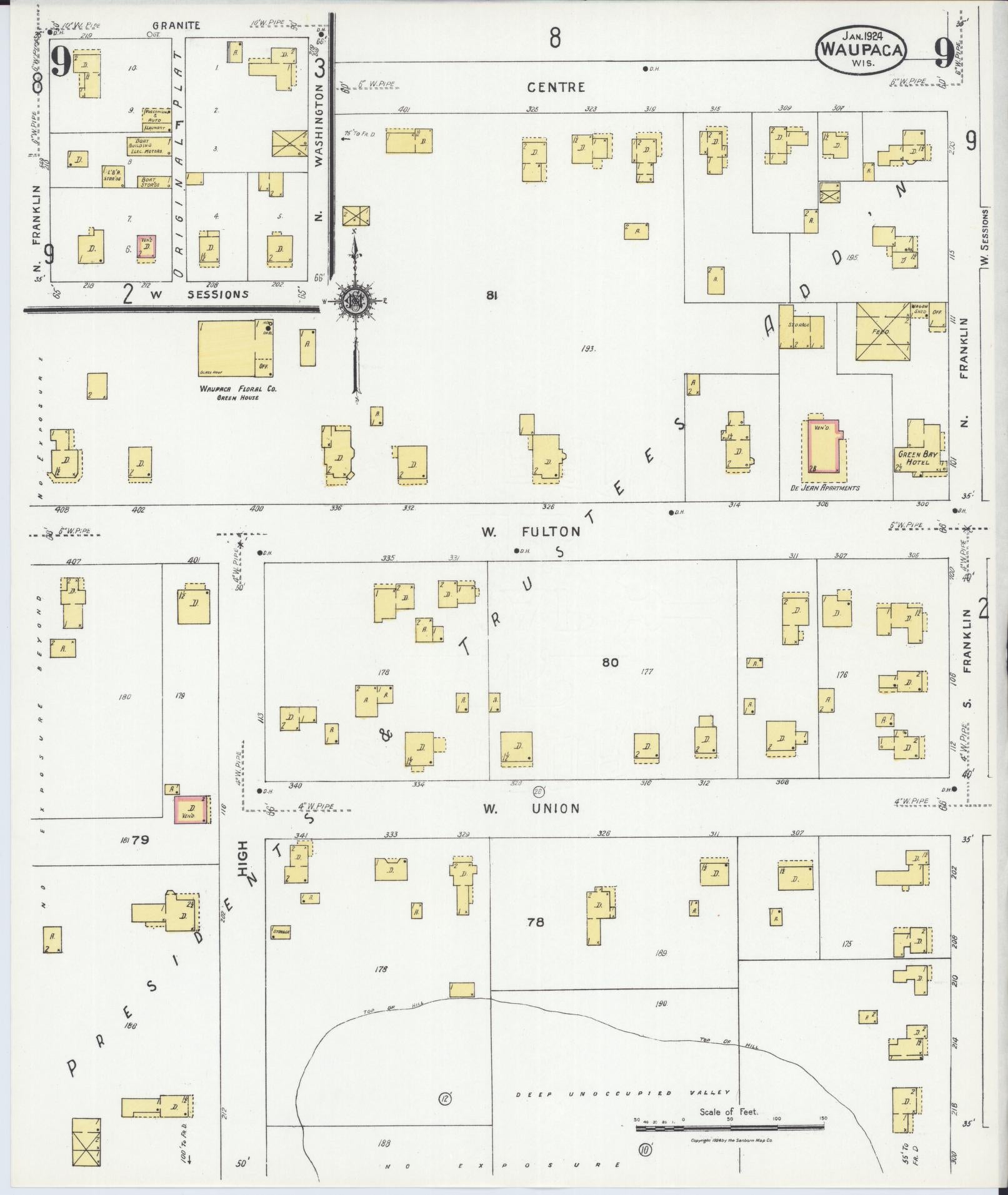 Sanborn Fire Insurance Map from Waupaca, Waupaca County, Wisconsin (1924), Sheet #0009 - Historic Sanborn Fire Insurance Map Print, vintage old map wall art, antique decor, genealogy gift, Wisconsin Wisconsin map