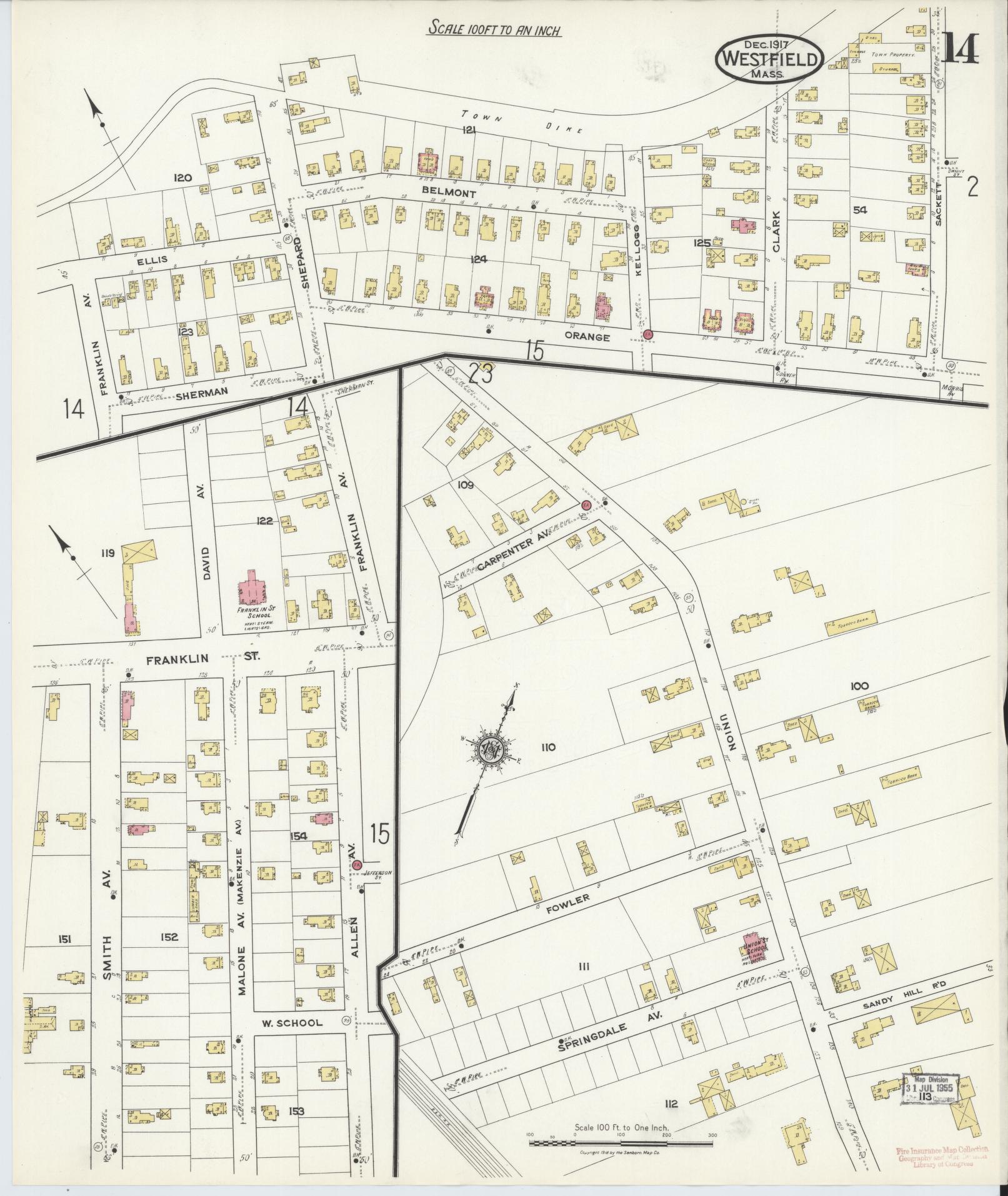 Sanborn Fire Insurance Map from Westfield, Hampden County, Massachusetts (1917), Sheet #0014 - Historic Sanborn Fire Insurance Map Print, vintage old map wall art, antique decor, genealogy gift, Massachusetts Massachusetts map