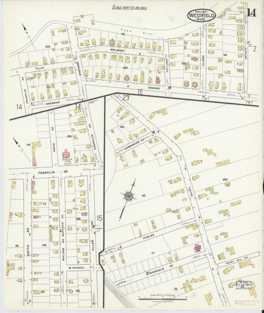 Sanborn Fire Insurance Map from Westfield, Hampden County, Massachusetts (1917), Sheet #0014 - Historic Sanborn Fire Insurance Map Print, vintage old map wall art, antique decor, genealogy gift, Massachusetts Massachusetts map
