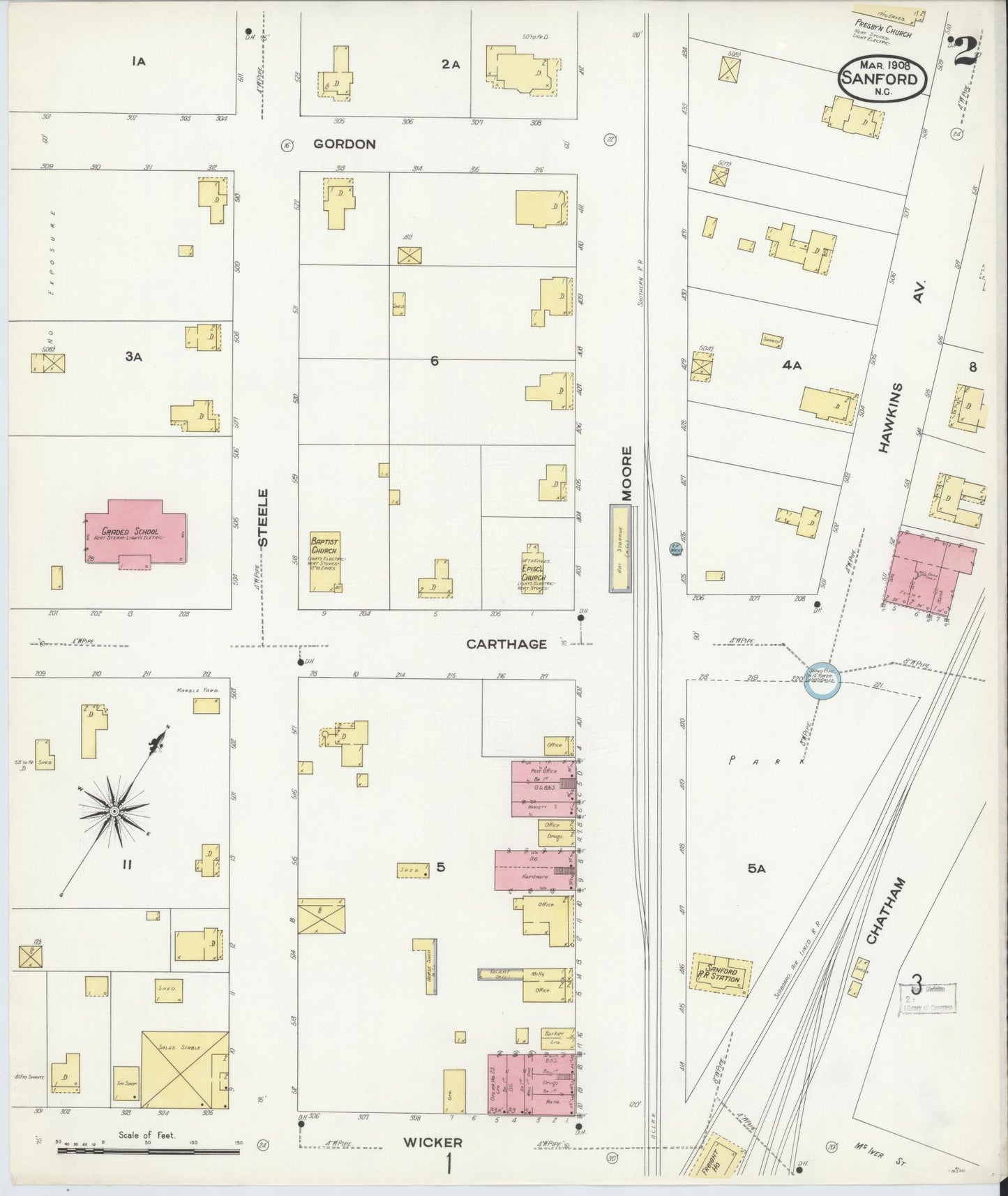 Sanborn Fire Insurance Map from Sanford, Lee County, North Carolina (1908), Sheet #0002 - Historic Sanborn Fire Insurance Map Print, vintage old map wall art, antique decor, genealogy gift, North Carolina North Carolina map