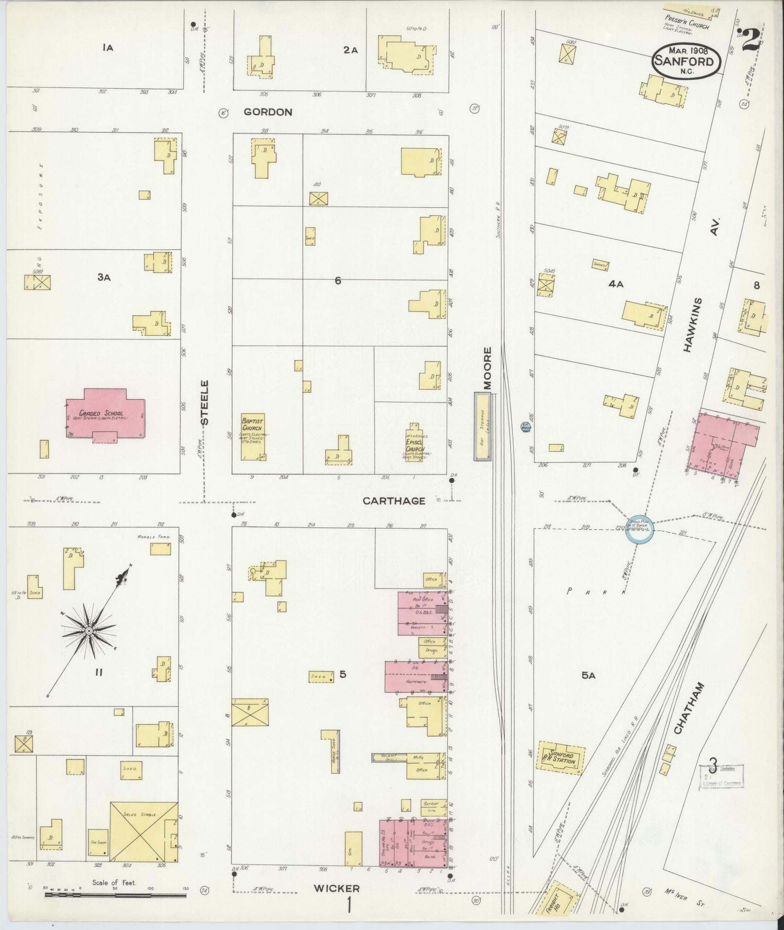 Sanborn Fire Insurance Map from Sanford, Lee County, North Carolina (1908), Sheet #0002 - Historic Sanborn Fire Insurance Map Print, vintage old map wall art, antique decor, genealogy gift, North Carolina North Carolina map