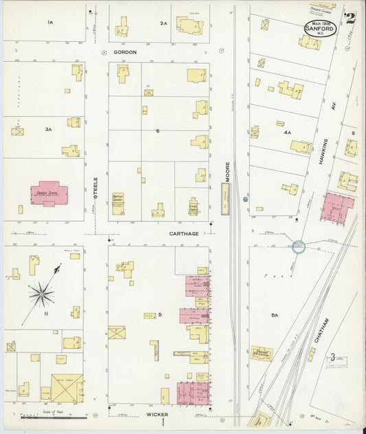 Sanborn Fire Insurance Map from Sanford, Lee County, North Carolina (1908), Sheet #0002 - Historic Sanborn Fire Insurance Map Print, vintage old map wall art, antique decor, genealogy gift, North Carolina North Carolina map