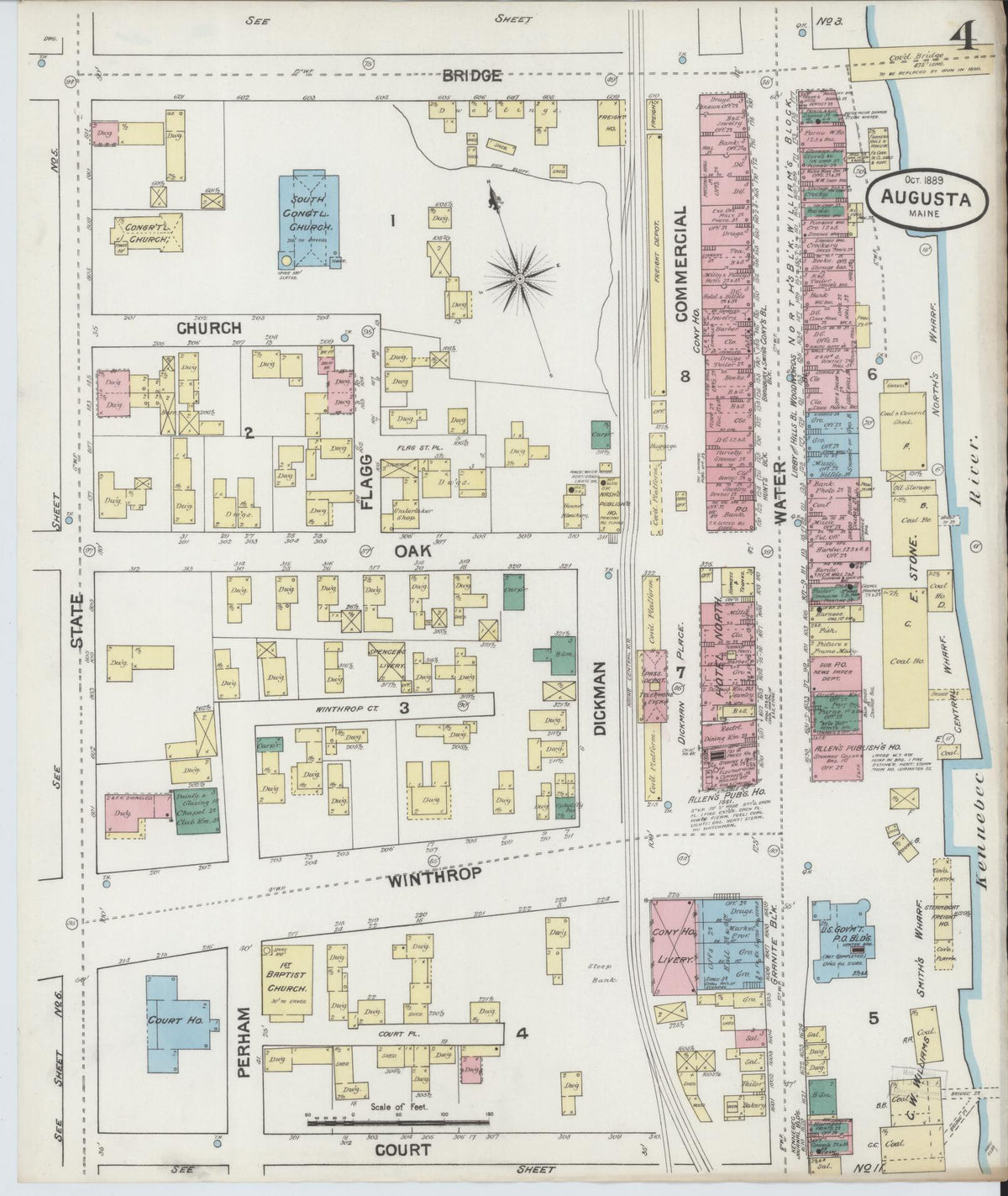 Sanborn Fire Insurance Map from Augusta, Kennebec County, Maine (1889), Sheet #0004 - Complete Map Set gallery image, historic Sanborn map, vintage wall art, Maine Maine