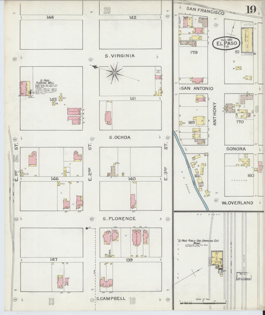 Sanborn Fire Insurance Map from El Paso, El Paso County, Texas (1893), Sheet #0019 - Historic Sanborn Fire Insurance Map Print, vintage old map wall art, antique decor, genealogy gift, Texas Texas map