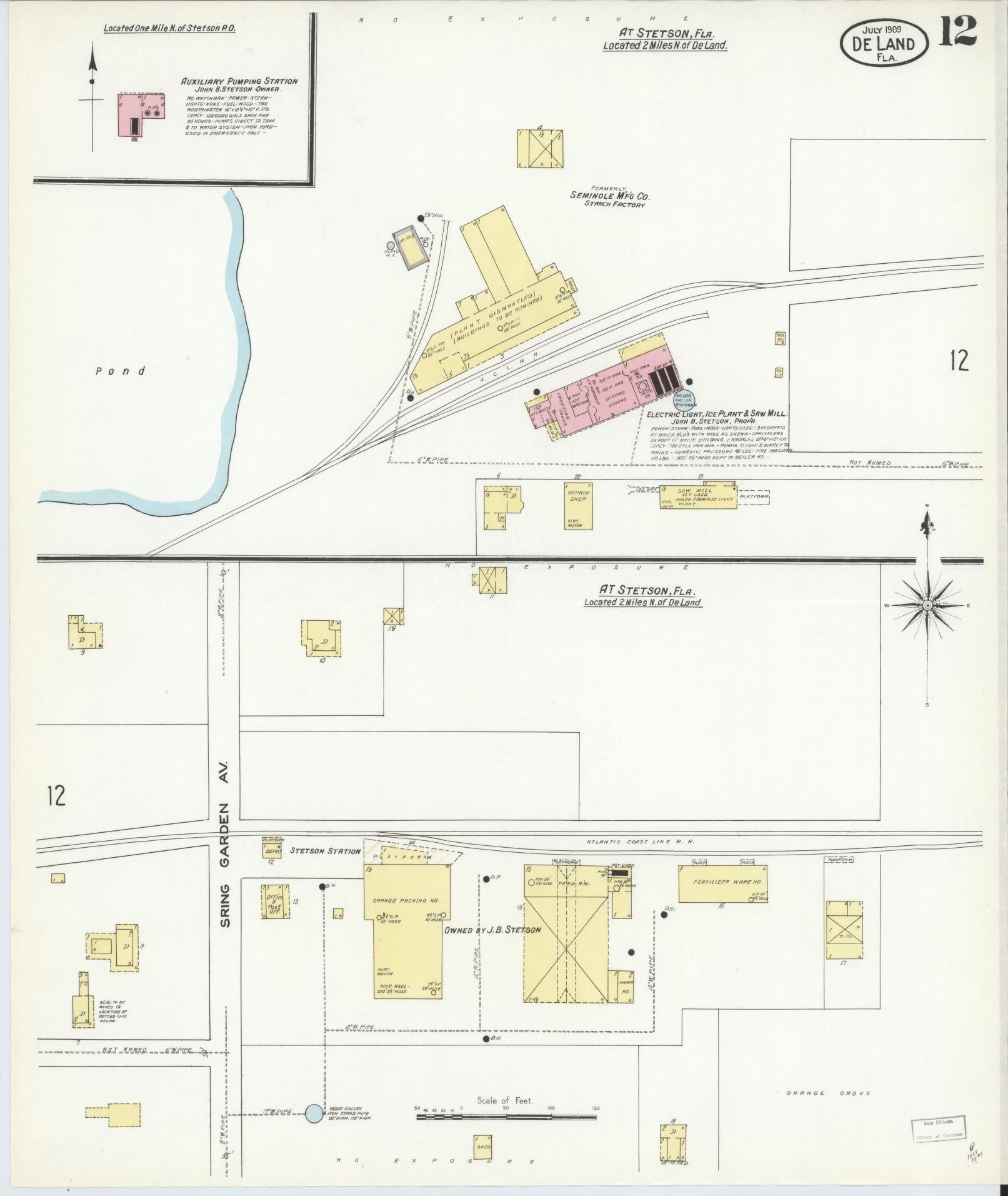 Sanborn Fire Insurance Map from De Land, Volusia County, Florida (1909), Sheet #0012 - Historic Sanborn Fire Insurance Map Print, vintage old map wall art, antique decor, genealogy gift, Florida Florida map