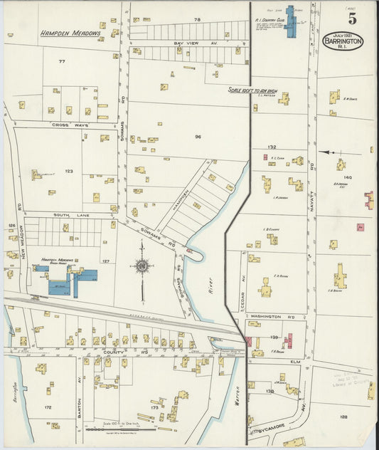 Sanborn Fire Insurance Map from Barrington, Bristol County, Rhode Island (1921), Sheet #0005 - Historic Sanborn Fire Insurance Map Print, vintage old map wall art, antique decor, genealogy gift, Rhode Island Rhode Island map