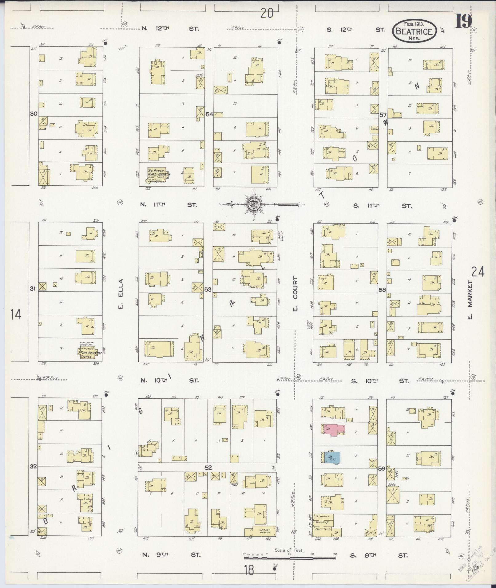 Sanborn Fire Insurance Map from Beatrice, Gage County, Nebraska (1913), Sheet #0019 - Historic Sanborn Fire Insurance Map Print, vintage old map wall art, antique decor, genealogy gift, Nebraska Nebraska map