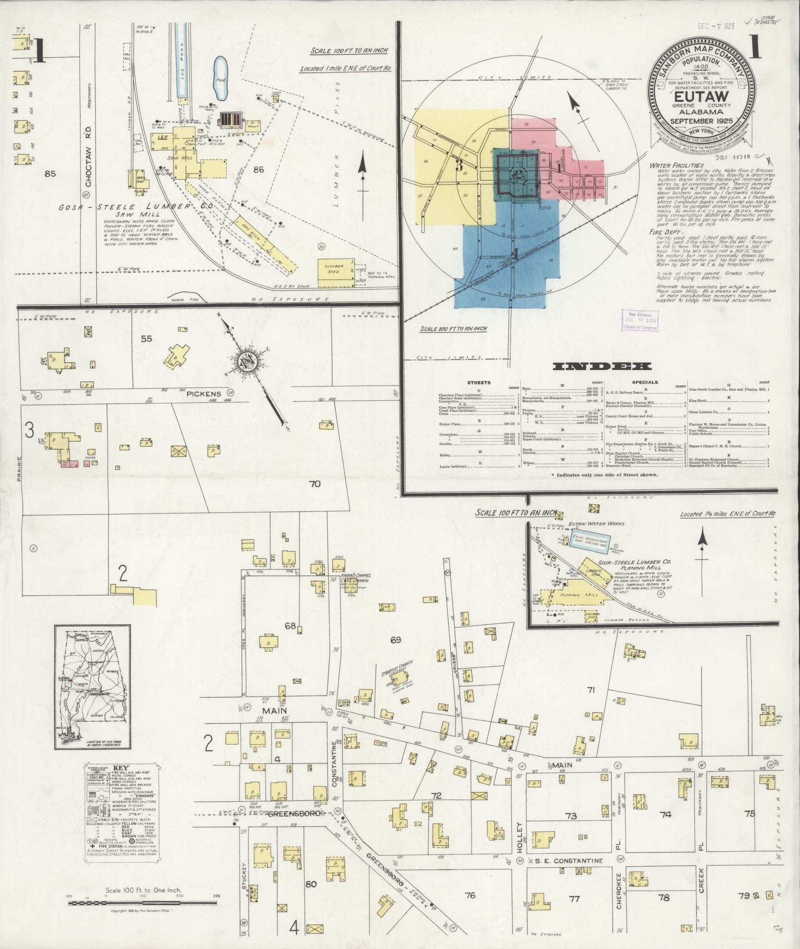 Sanborn Fire Insurance Map from Eutaw, Greene County, Alabama (1925), Sheet #0001 - Complete Map Set gallery image, historic Sanborn map, vintage wall art, Alabama Alabama