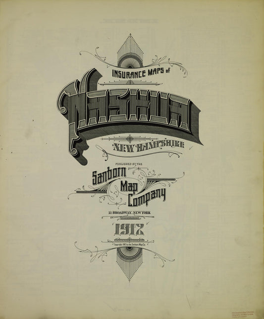 Sanborn Fire Insurance Map from Nashua, Hillsborough County, New Hampshire (1912), Sheet #0001 - Historic Sanborn Fire Insurance Map Print, vintage old map wall art, antique decor, genealogy gift, New Hampshire New Hampshire map