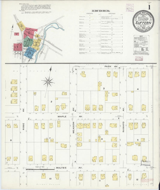 Sanborn Fire Insurance Map from Suffern, Rockland County, New York (1908), Sheet #0001 - Complete Map Set gallery image, historic Sanborn map, vintage wall art, New York New York