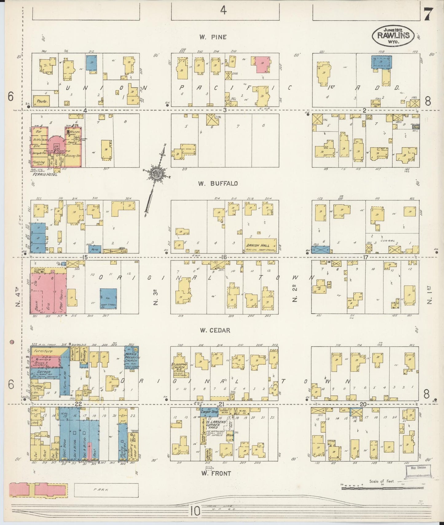 Sanborn Fire Insurance Map from Rawlins, Carbon County, Wyoming (1912), Sheet #0007 - Complete Map Set gallery image, historic Sanborn map, vintage wall art, Wyoming Wyoming