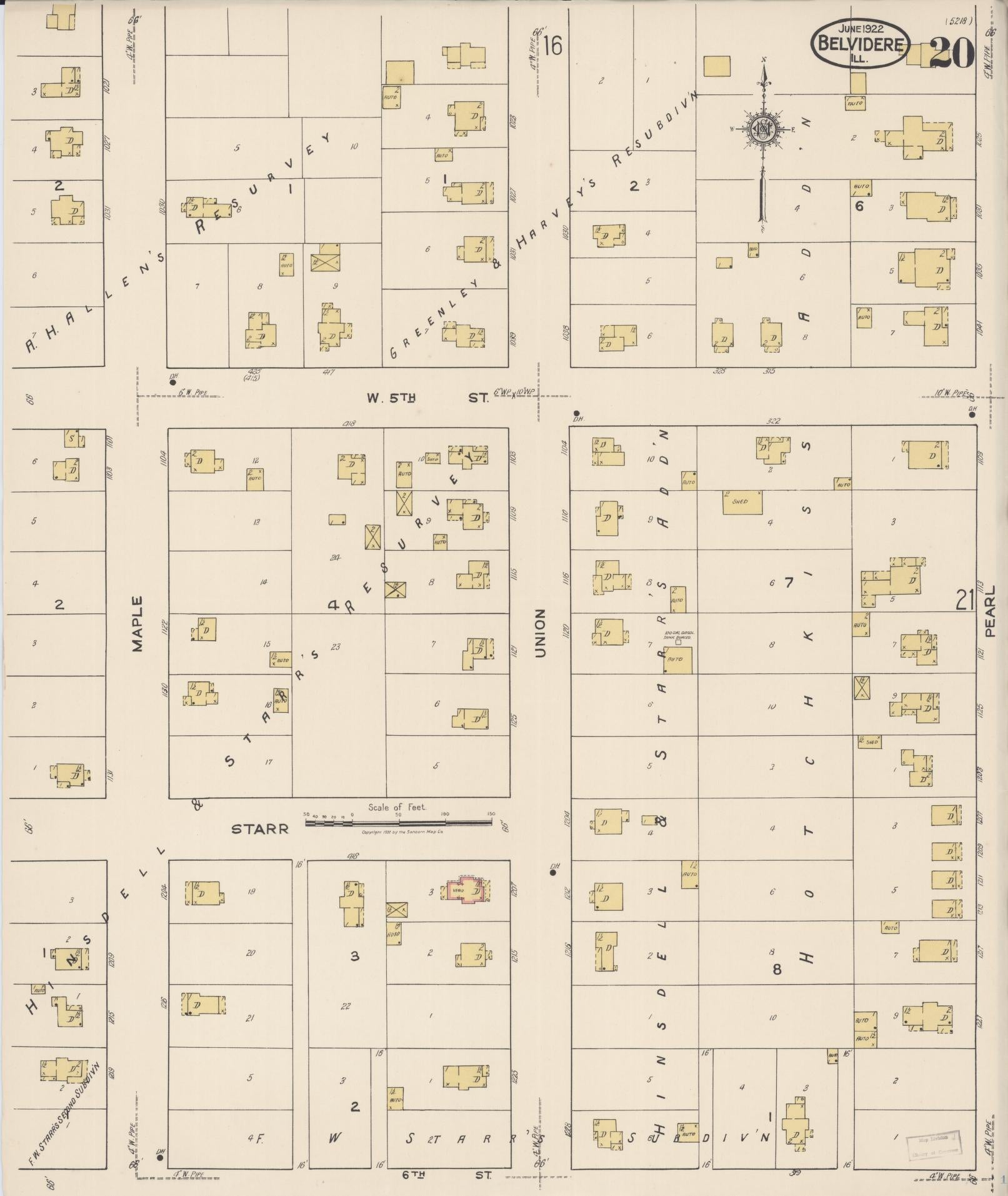 Sanborn Fire Insurance Map from Belvidere, Boone County, Illinois (1922), Sheet #0020 - Historic Sanborn Fire Insurance Map Print, vintage old map wall art, antique decor, genealogy gift, Illinois Illinois map