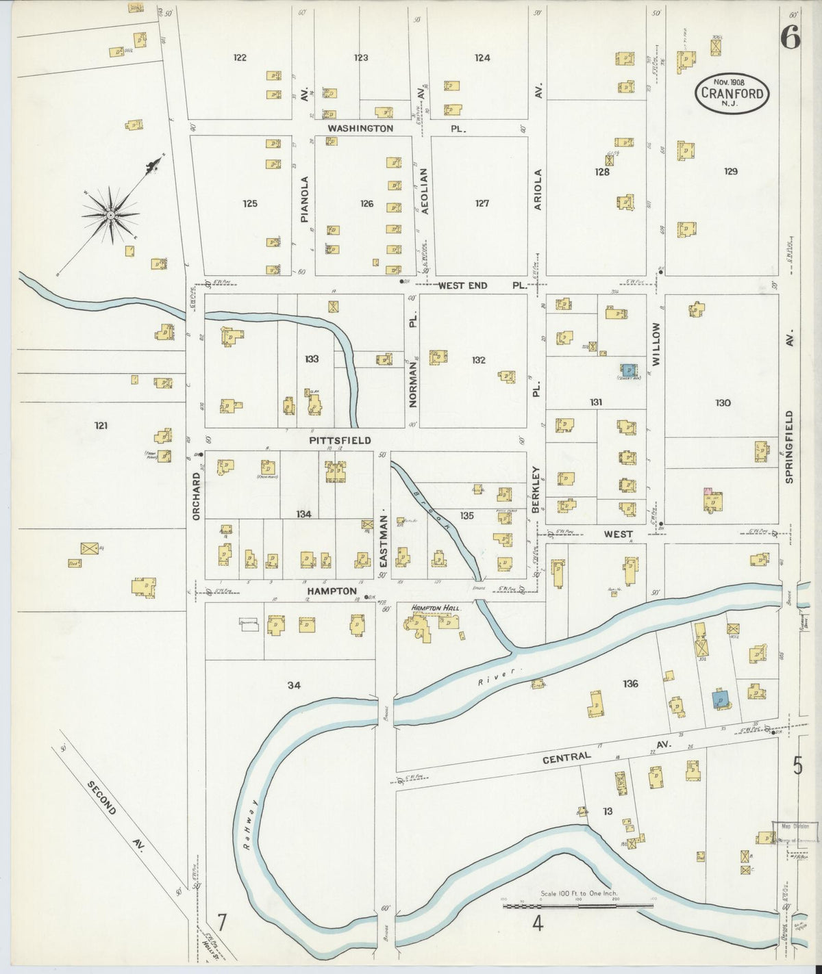 Sanborn Fire Insurance Map from Cranford, Union County, New Jersey (1908), Sheet #0006 - Historic Sanborn Fire Insurance Map Print, vintage old map wall art, antique decor, genealogy gift, New Jersey New Jersey map
