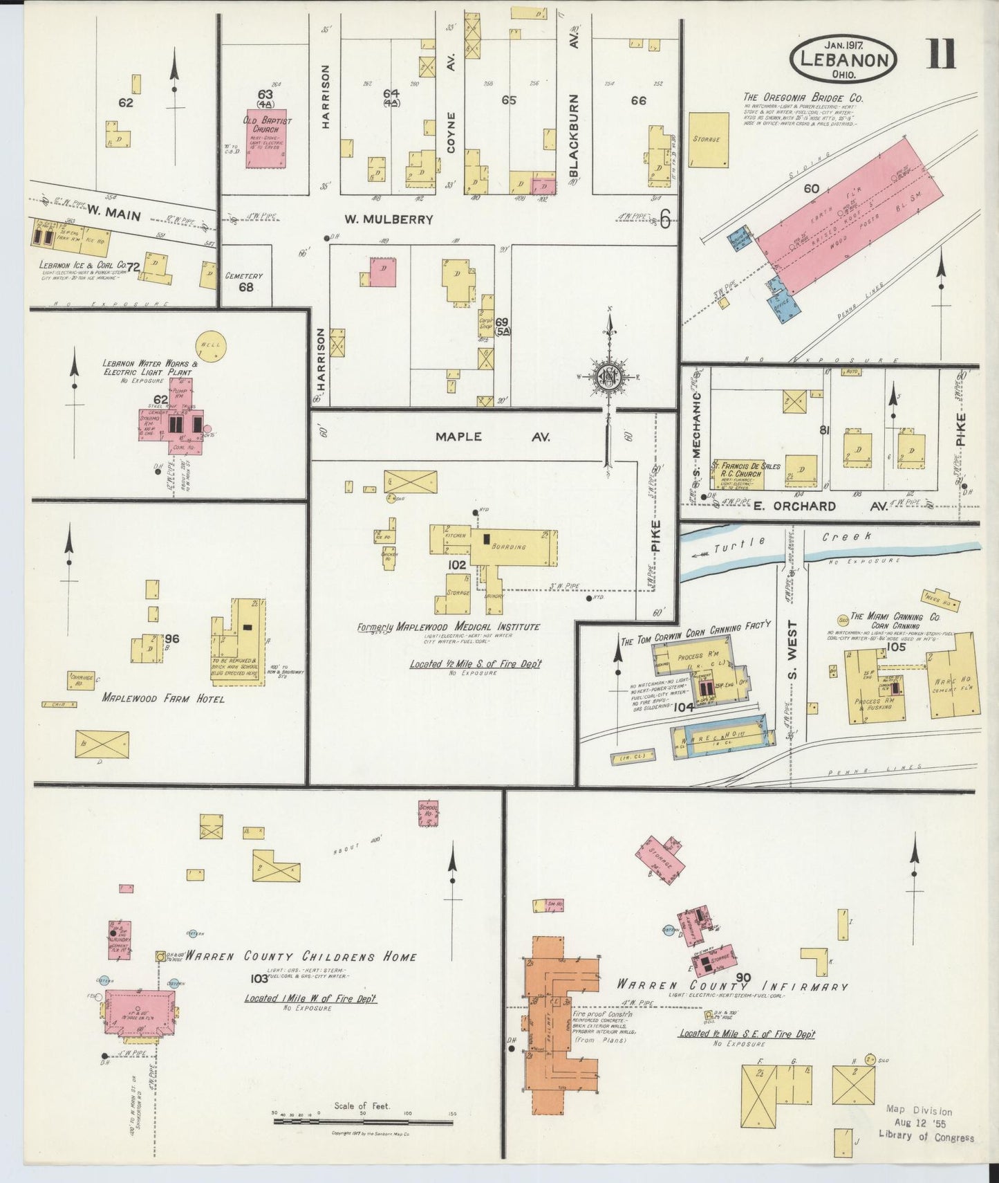 Sanborn Fire Insurance Map from Lebanon, Warren County, Ohio (1917), Sheet #0011 - Historic Sanborn Fire Insurance Map Print, vintage old map wall art, antique decor, genealogy gift, Ohio Ohio map