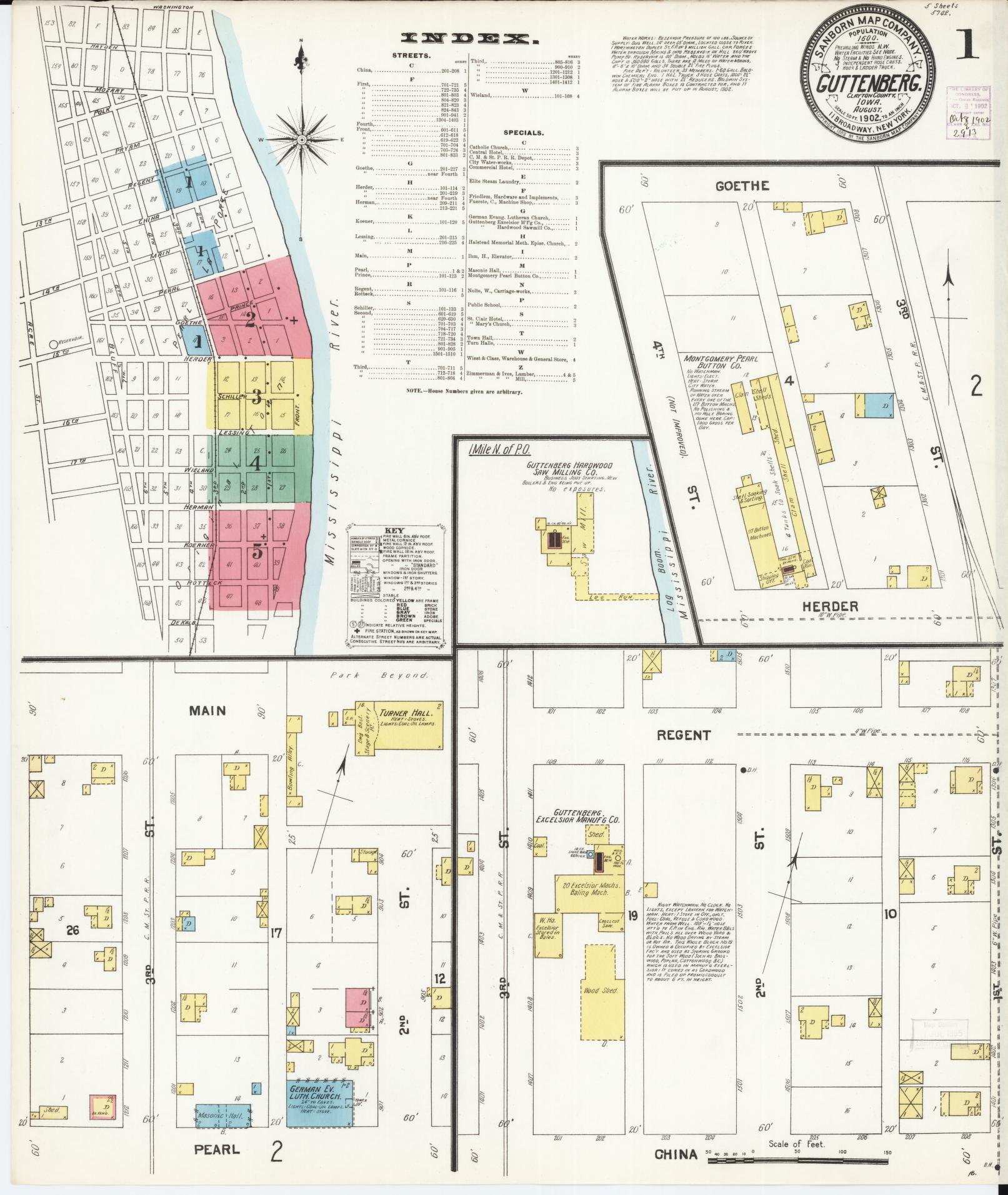 Sanborn Fire Insurance Map from Guttenberg, Clayton County, Iowa (1902), Sheet #0001 - Historic Sanborn Fire Insurance Map Print, vintage old map wall art