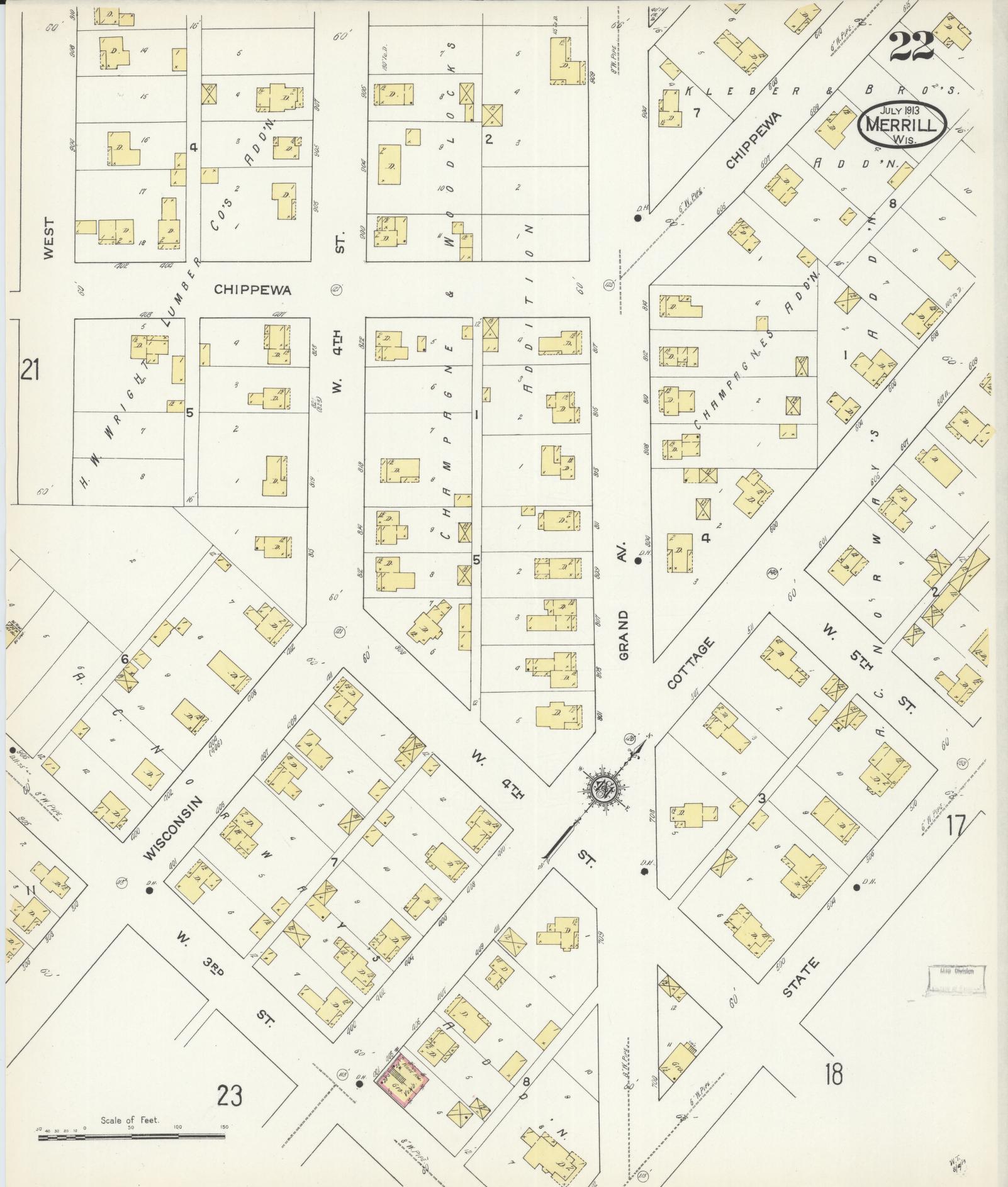 Sanborn Fire Insurance Map from Merrill, Lincoln County, Wisconsin (1913), Sheet #0022 - Complete Map Set gallery image, historic Sanborn map, vintage wall art, Wisconsin Wisconsin