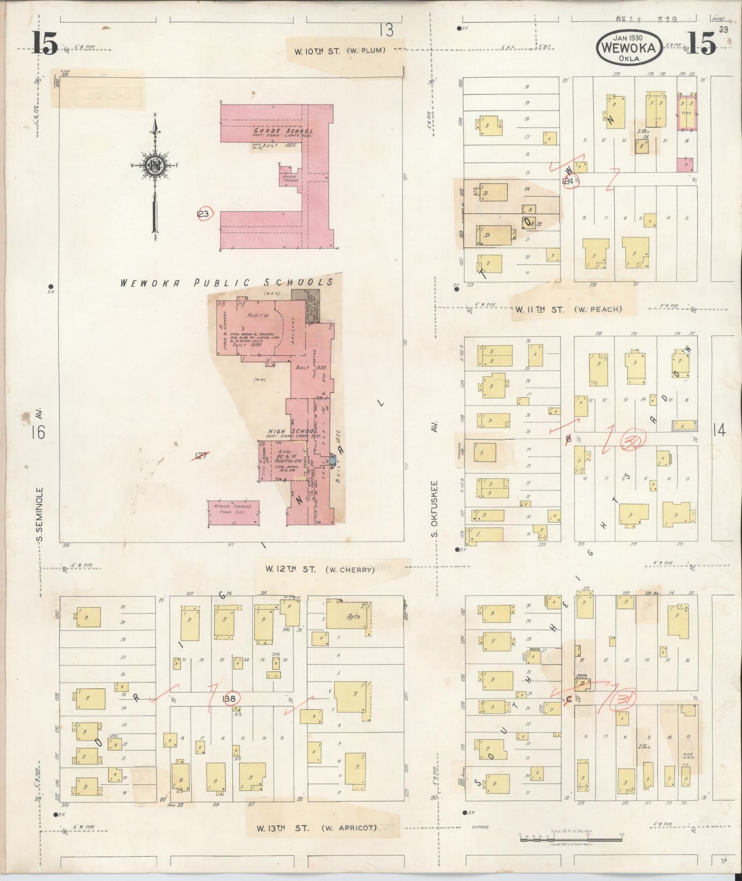 Sanborn Fire Insurance Map from Wewoka, Seminole County, Oklahoma (1945), Sheet #0015 - Complete Map Set gallery image, historic Sanborn map, vintage wall art, Oklahoma Oklahoma