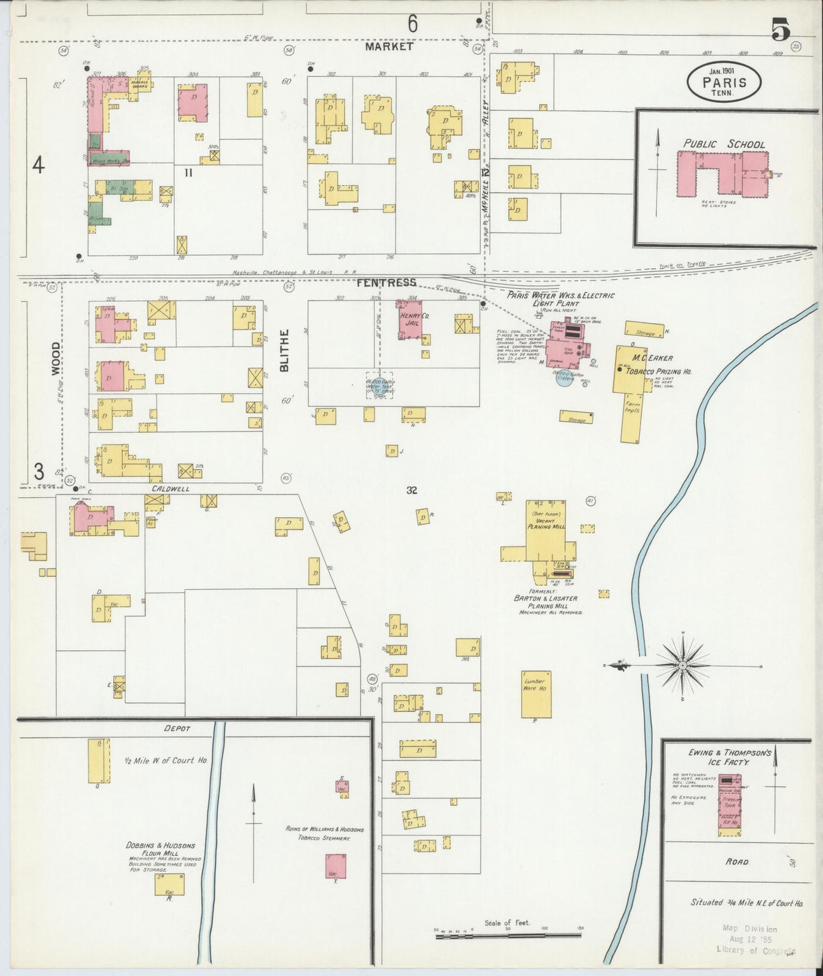Sanborn Fire Insurance Map from Paris, Henry County, Tennessee (1901), Sheet #0005 - Complete Map Set gallery image, historic Sanborn map, vintage wall art, Tennessee Tennessee