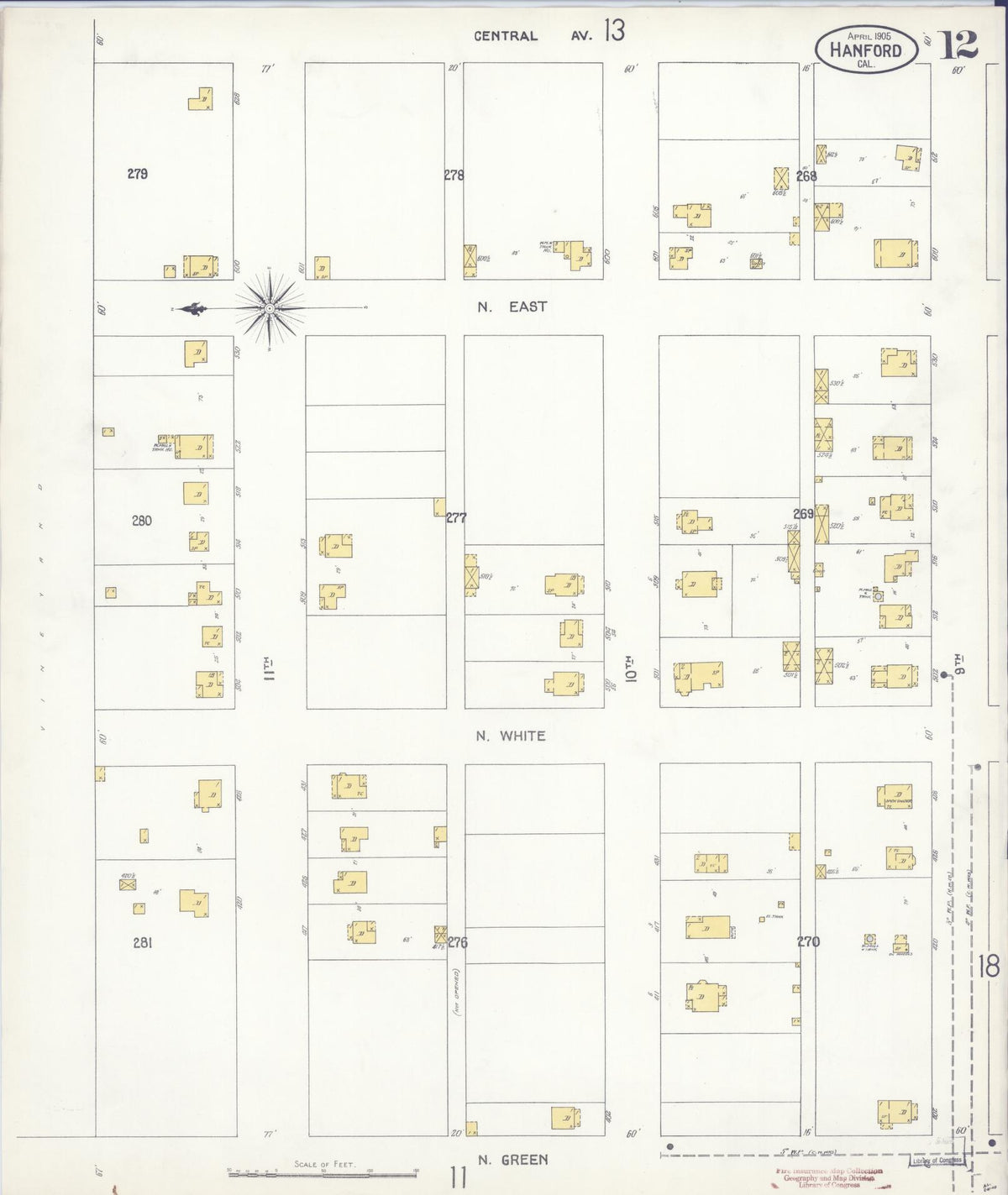 Sanborn Fire Insurance Map from Hanford, Kings County, California (1905), Sheet #0012 - Complete Map Set gallery image, historic Sanborn map, vintage wall art, California California