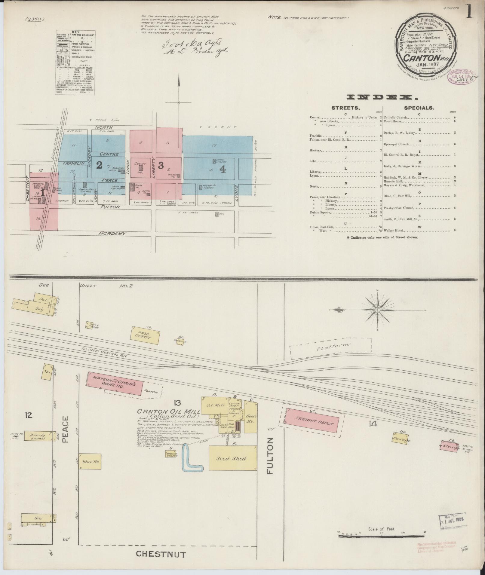 Sanborn Fire Insurance Map from Canton, Madison County, Mississippi (1887), Sheet #0001 - Historic Sanborn Fire Insurance Map Print, vintage old map wall art, antique decor, genealogy gift, Mississippi Mississippi map