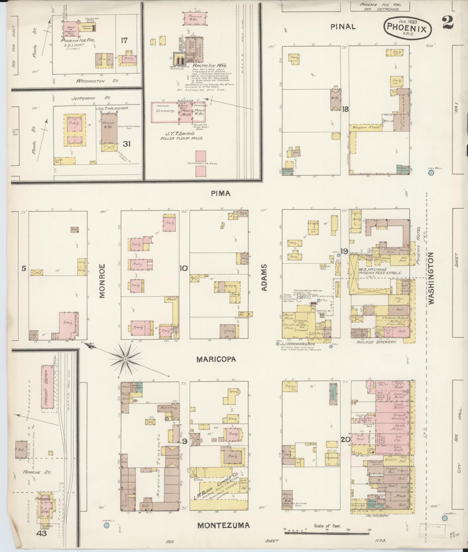 Sanborn Fire Insurance Map from Phoenix, Maricopa County, Arizona (1889), Sheet #0002 - Complete Map Set gallery image, historic Sanborn map, vintage wall art, Arizona Arizona