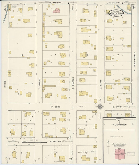 Sanborn Fire Insurance Map from Monticello, Piatt County, Illinois (1915), Sheet #0007 - Historic Sanborn Fire Insurance Map Print, vintage old map wall art, antique decor, genealogy gift, Illinois Illinois map