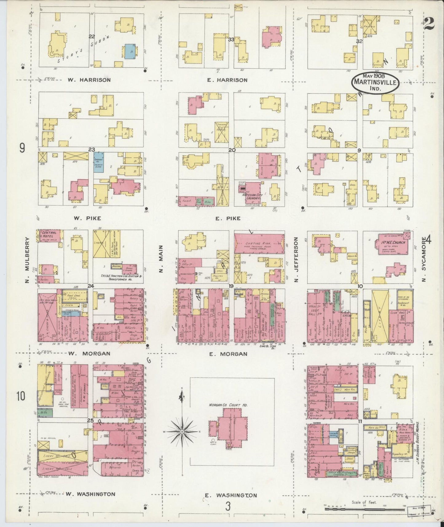 Sanborn Fire Insurance Map from Martinsville, Morgan County, Indiana (1908), Sheet #0002 - Complete Map Set gallery image, historic Sanborn map, vintage wall art, Indiana Indiana