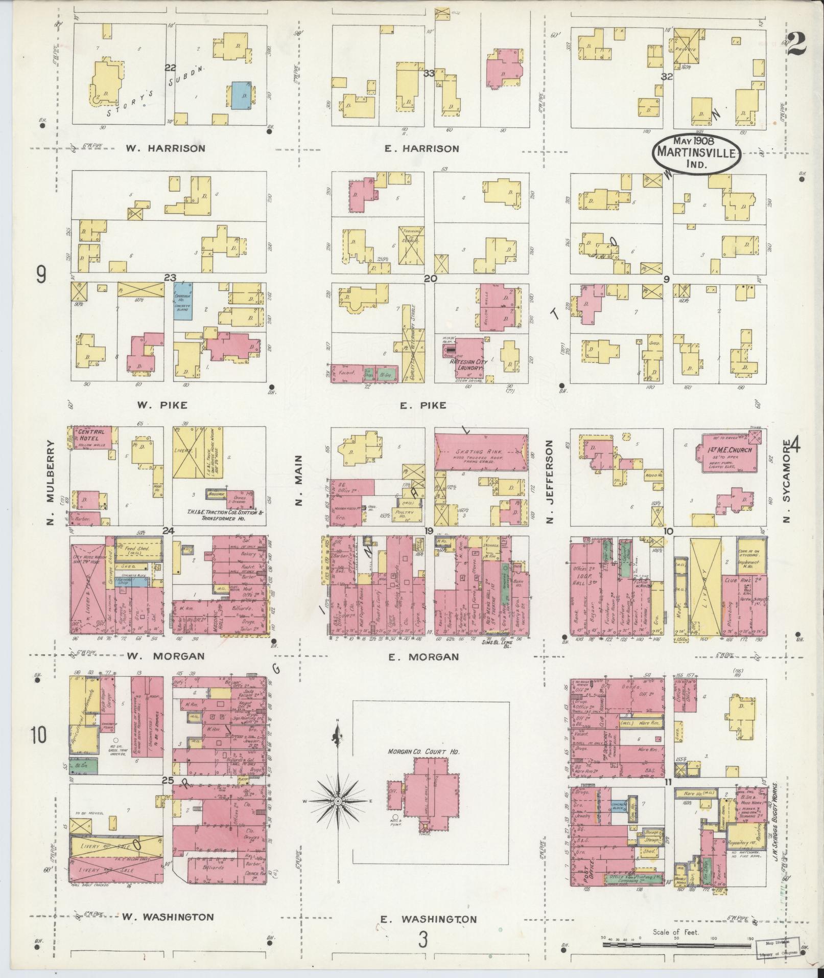 Sanborn Fire Insurance Map from Martinsville, Morgan County, Indiana (1908), Sheet #0002 - Complete Map Set gallery image, historic Sanborn map, vintage wall art, Indiana Indiana