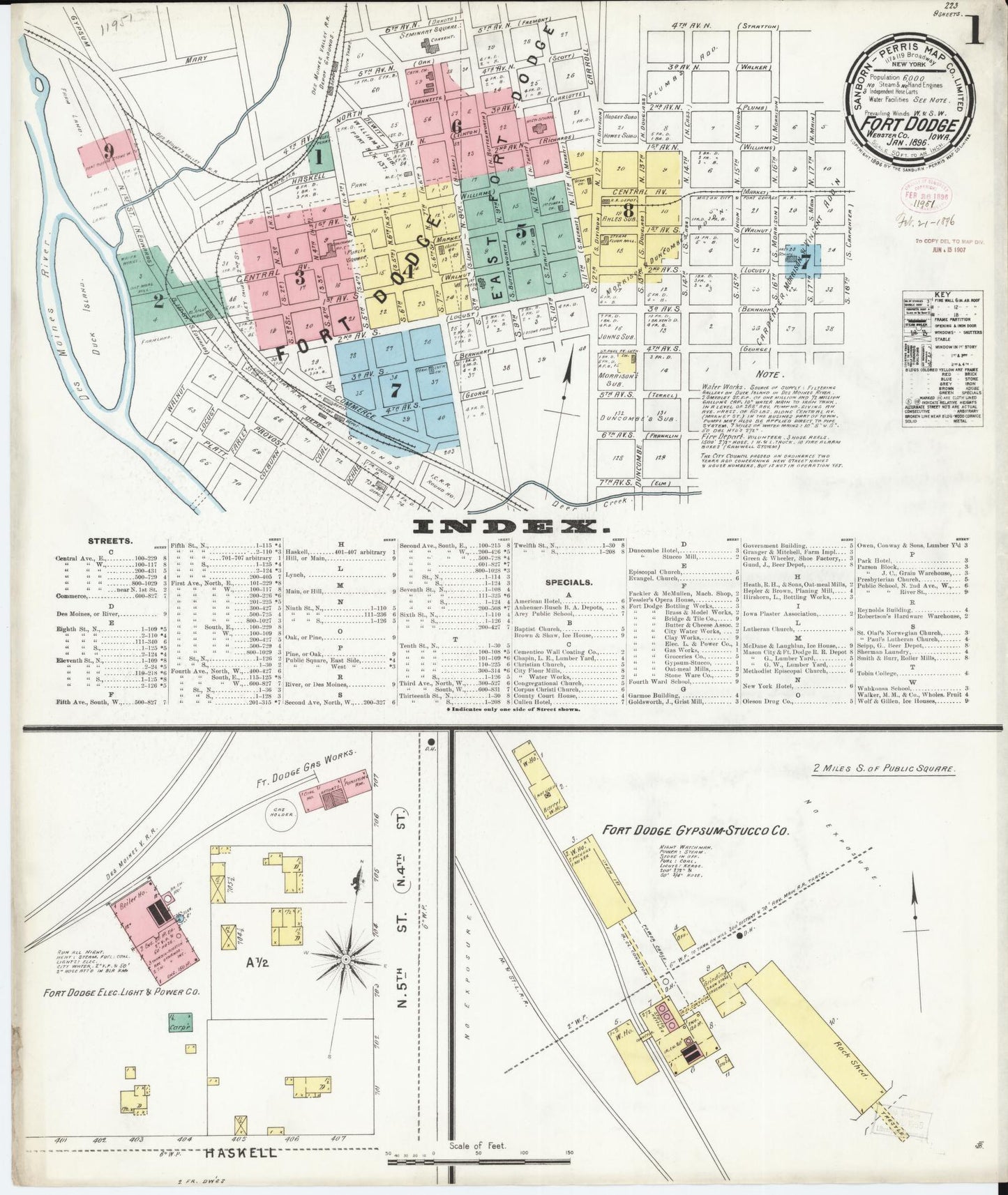 Sanborn Fire Insurance Map from Fort Dodge, Webster County, Iowa (1896), Sheet #0001 - Historic Sanborn Fire Insurance Map Print, vintage old map wall art