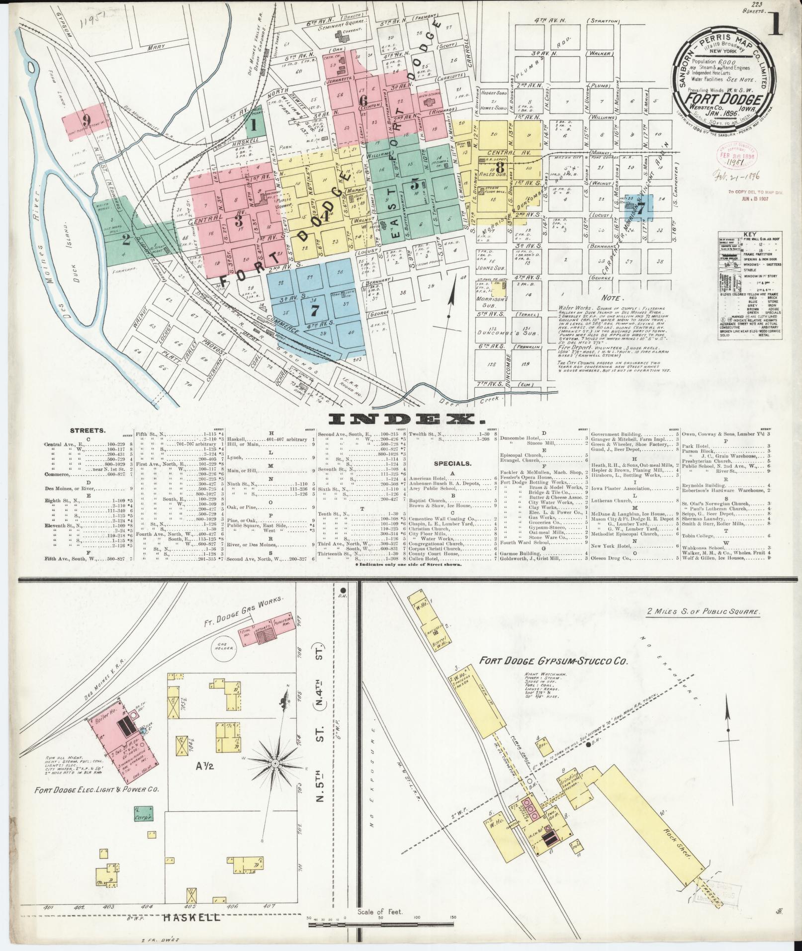 Sanborn Fire Insurance Map from Fort Dodge, Webster County, Iowa (1896), Sheet #0001 - Historic Sanborn Fire Insurance Map Print, vintage old map wall art