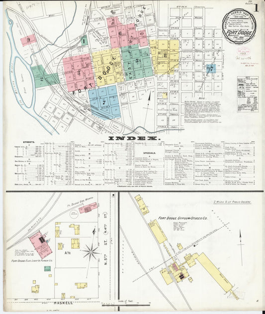 Sanborn Fire Insurance Map from Fort Dodge, Webster County, Iowa (1896), Sheet #0001 - Historic Sanborn Fire Insurance Map Print, vintage old map wall art