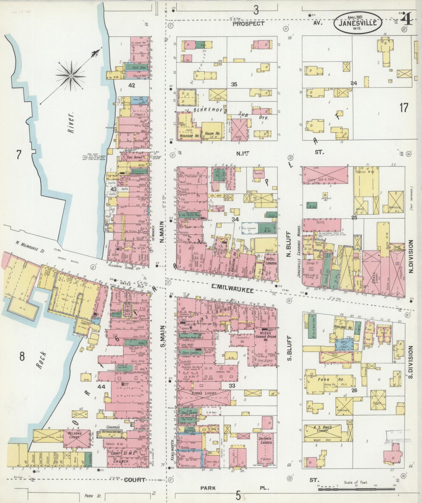 Sanborn Fire Insurance Map from Janesville, Rock County, Wisconsin (1901), Sheet #0004 - Historic Sanborn Fire Insurance Map Print, vintage old map wall art, antique decor, genealogy gift, Wisconsin Wisconsin map