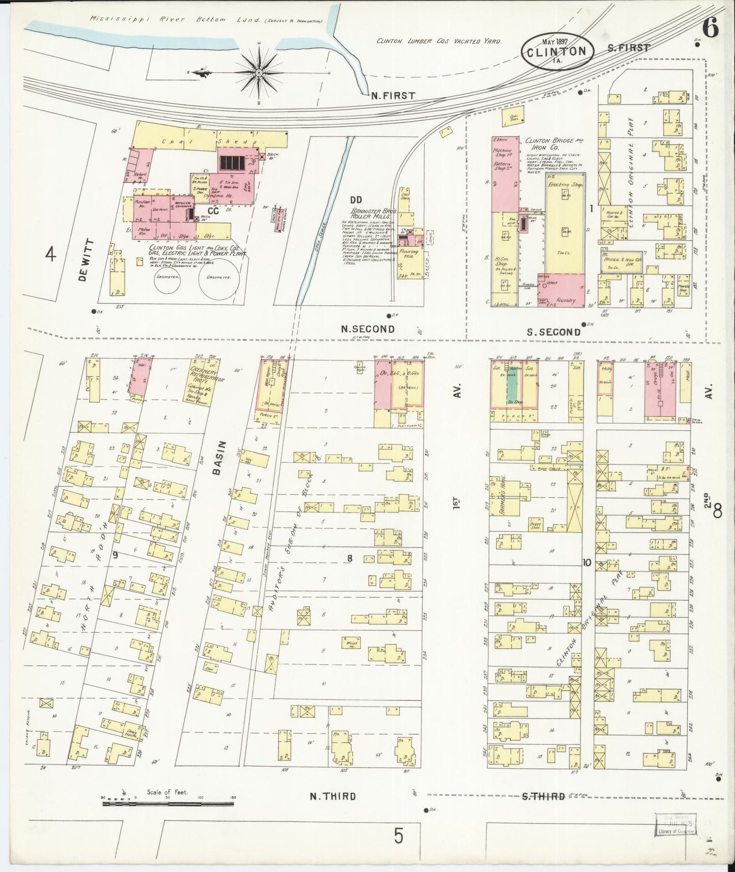Sanborn Fire Insurance Map from Clinton, Clinton County, Iowa (1897), Sheet #0006 - Historic Sanborn Fire Insurance Map Print, vintage old map wall art