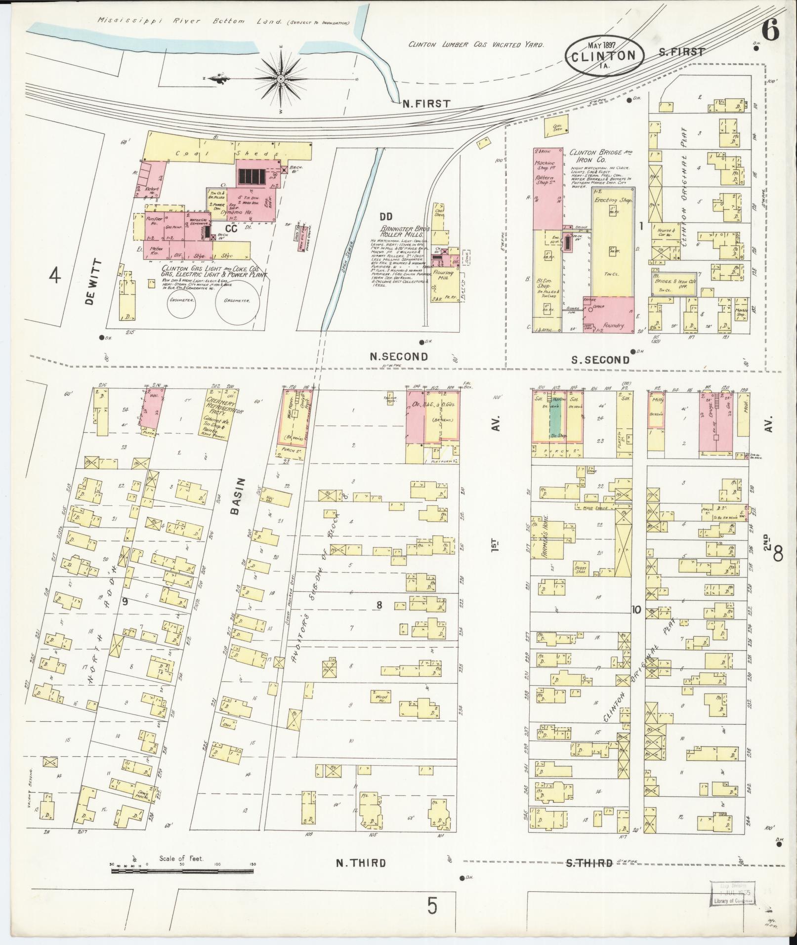 Sanborn Fire Insurance Map from Clinton, Clinton County, Iowa (1897), Sheet #0006 - Historic Sanborn Fire Insurance Map Print, vintage old map wall art