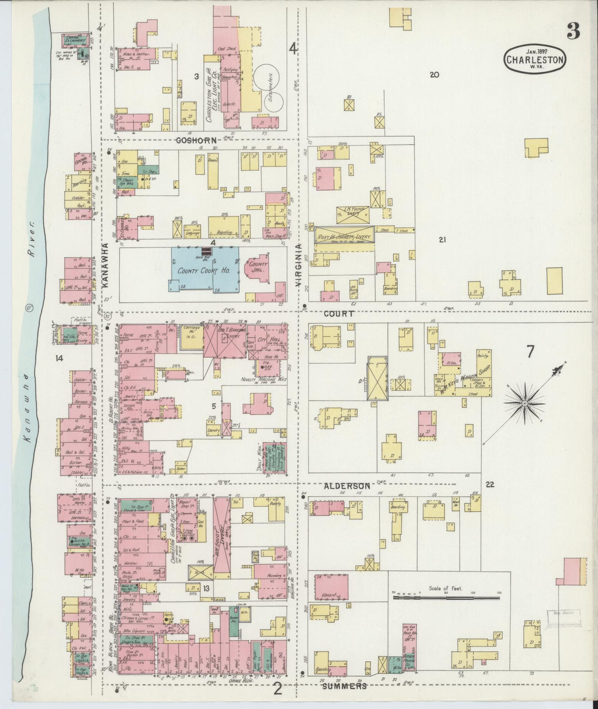 Sanborn Fire Insurance Map from Charleston, Kanawha County, West Virginia (1897), Sheet #0003 - Complete Map Set gallery image, historic Sanborn map, vintage wall art, West Virginia West Virginia